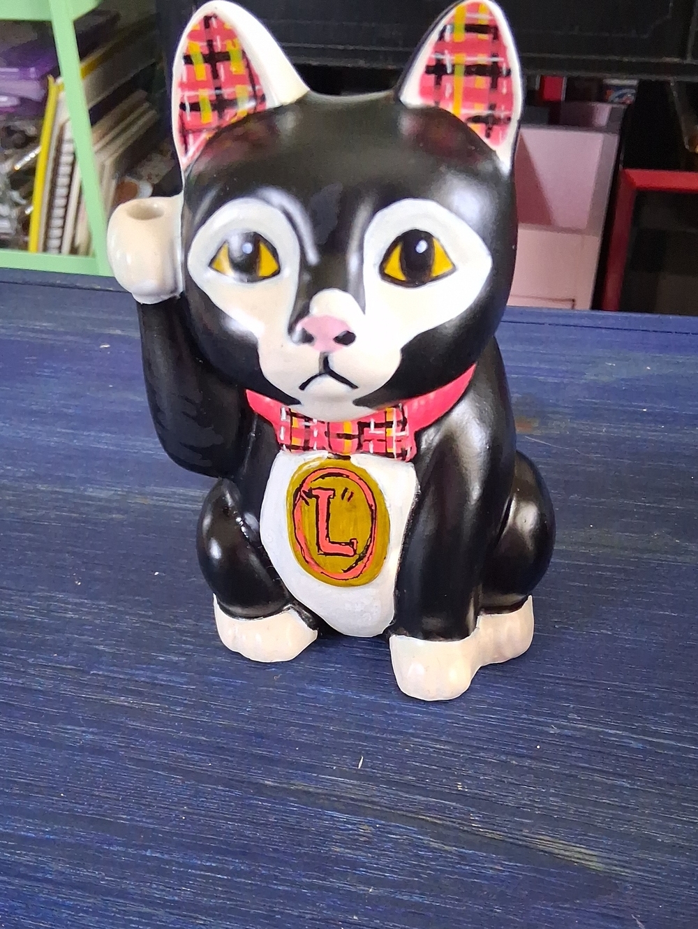 Black Ceramic Lucky Cat Vase with Red Plaid Accents